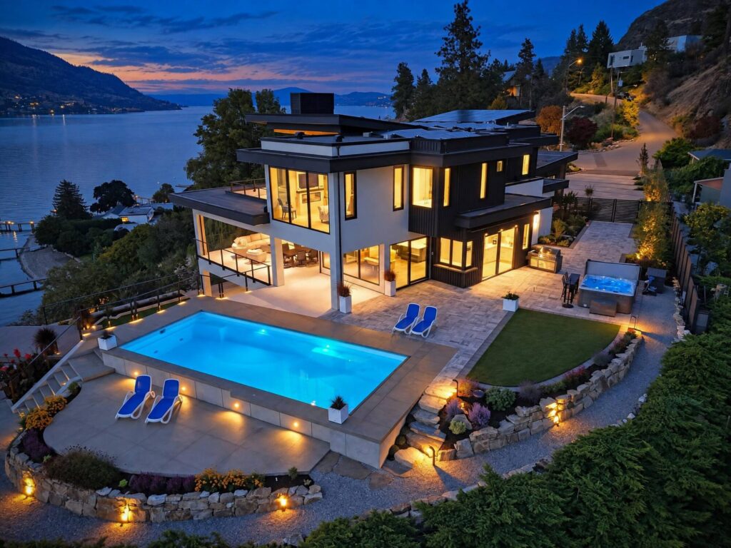 Pool and terraces of 436 Herbert Heights Rd, Kelowna, lit up at dusk