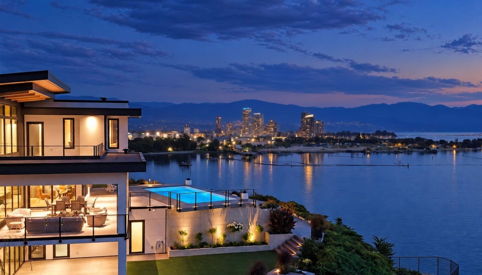 436 Herbert Heights Rd, Kelowna, at dusk looking across the lake to downtown