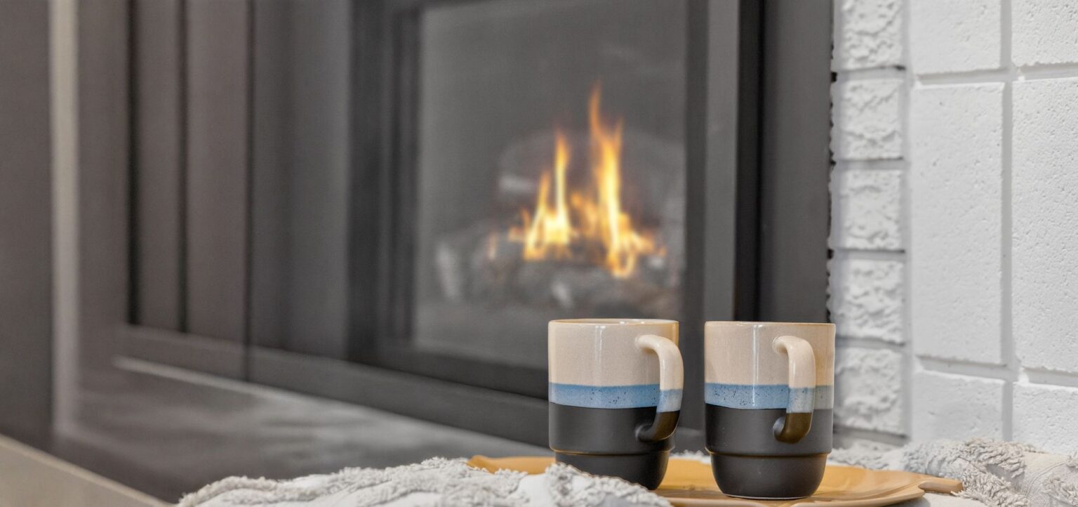 Two mugs by the fireplace in a Kelowna Airbnb suite