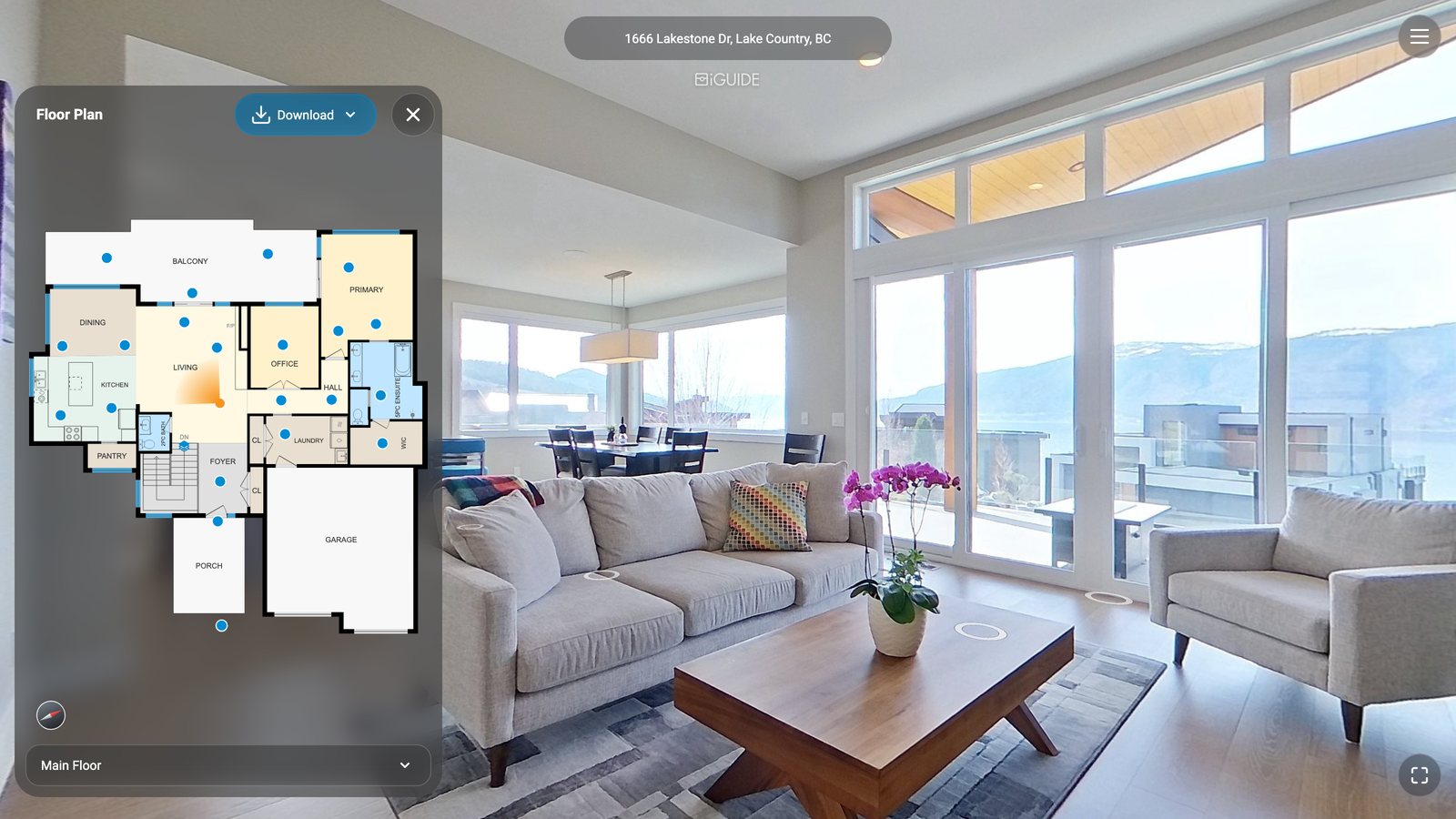 iGuide 3D tour of 1666 Lakestone Dr, Lake Country, with the floor plan open